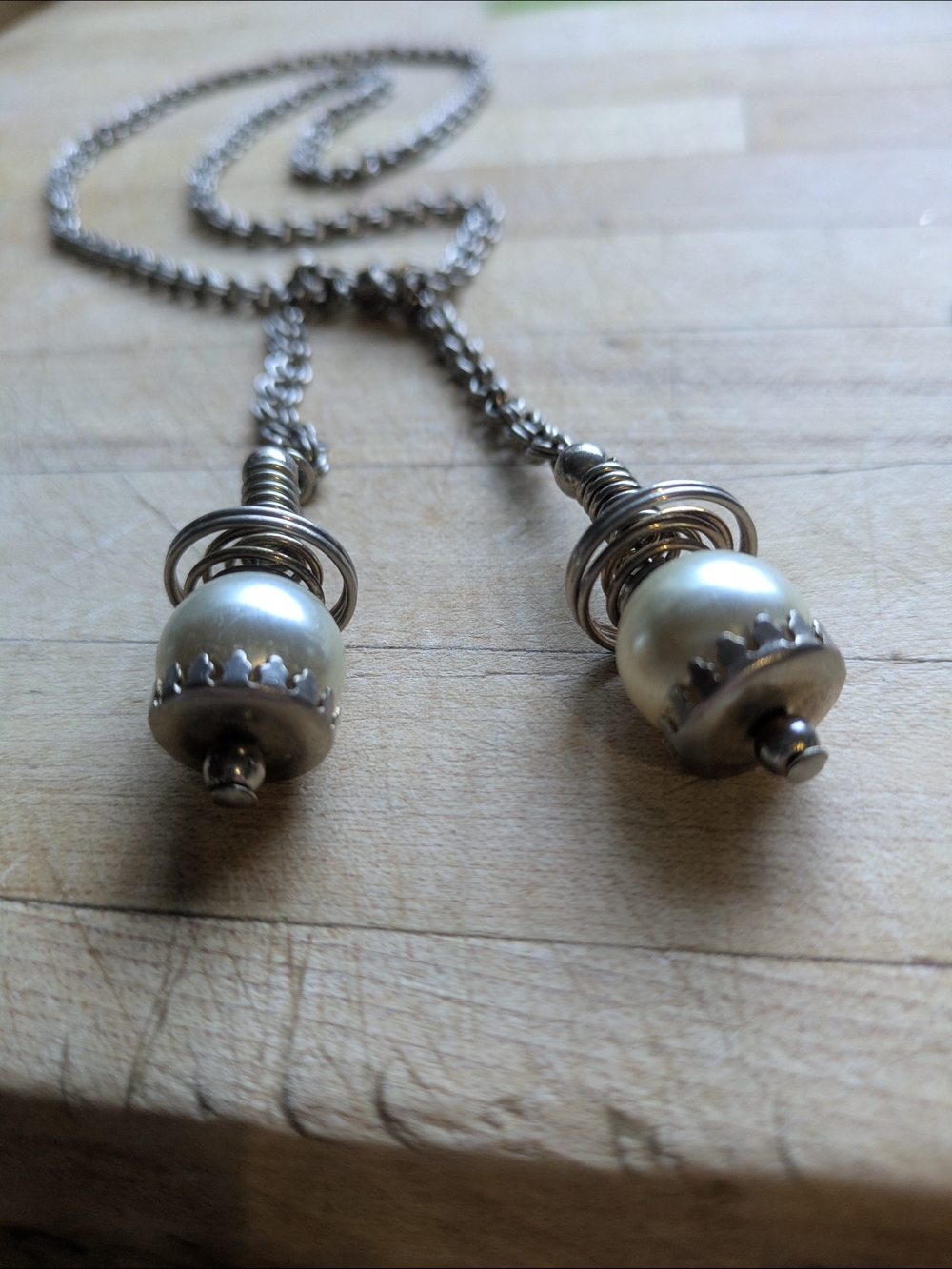 Vintage Silver Tone  Pearl Drop Lariat Necklace